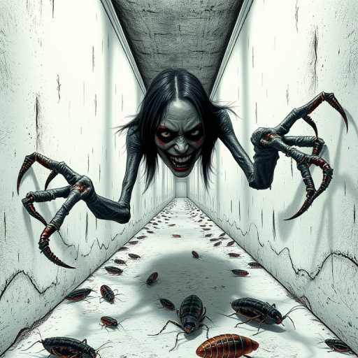 a crooked female with long arms and a creepy smile is crawling along a long white corridor and you can also see cockroaches in it there is a creepy atmosphere creepy art style