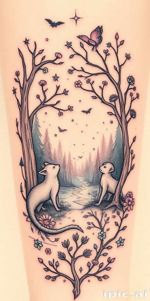 Illustrative tattoo named "Storybook Reverie" showcasing a whimsical scene with fantastical creatures enchanted forests and fairy tale elements rendered in a delicate hand-drawn style with soft shading and fine linework