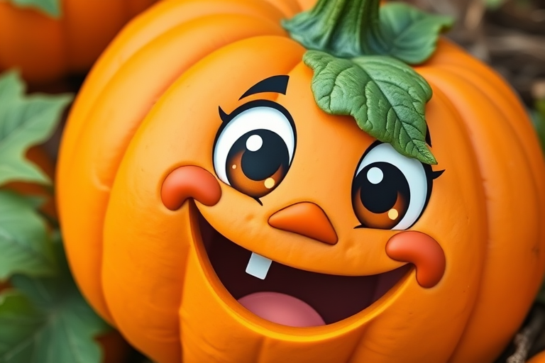 A cheerful cartoon pumpkin with big eyes and a wide smile, vibrant orange color, green leaves, and a playful expression, shot with a DSLR camera, 50mm lens, f/2.8 aperture, ISO 100, natural lighting, close-up view.