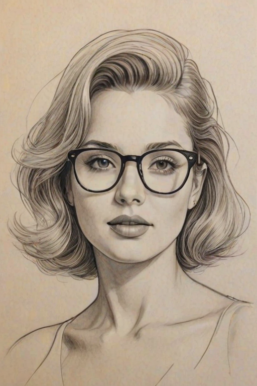 Enchanting Marshmello, pencil sketch, portrait of Enticing woman 1947s in glasses, hair style beatnik, outline, clear lines, fine lines, 8k