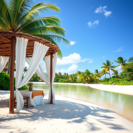 Create a picturesque tropical beach scene featuring a serene, white sandy shore. In the foreground, there's a rustic wooden canopy with white drapes gently flowing in the breeze. Underneath the canopy, a table is set with tropical decor, evoking a sense of relaxation and leisure. The beach extends into a calm, shallow water area with reflections of the sky and surroundings. Palm trees and lush greenery line the edge of the beach, providing a natural, tropical backdrop. The sky is clear with a few scattered clouds, and the overall atmosphere is tranquil and inviting, perfect for a peaceful retreat.