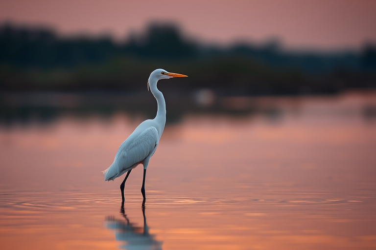 capture a serene scene of a white heron standing in calm water at sunset with soft reflections in the background using a DSLR camera with a 70-200mm lens at f/4, ISO 200, shutter speed 1/500s, focus on the heron with a shallow depth of field for a blurred background.
