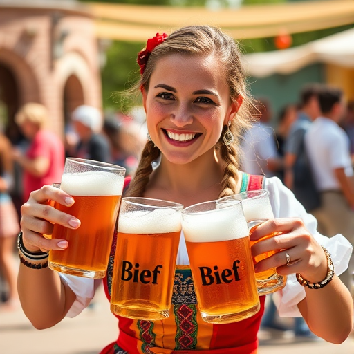 Regenerate the image of a smiling woman in traditional attire holding multiple beer mugs, sunny outdoor setting, aperture f/2.8, shutter speed 1/250s, ISO 100, wide-angle lens, vibrant colors, high-resolution, capturing joyful atmosphere.