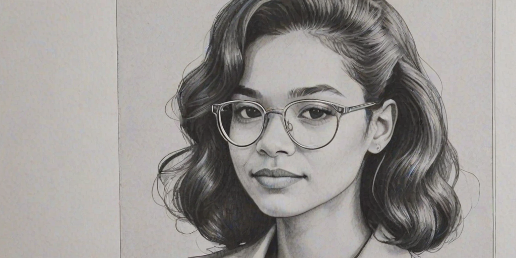 Stunning Justice Smith, pencil sketch, portrait of Resplendent woman 1970s in glasses, hair style beatnik, outline, clear lines, fine lines, 8k