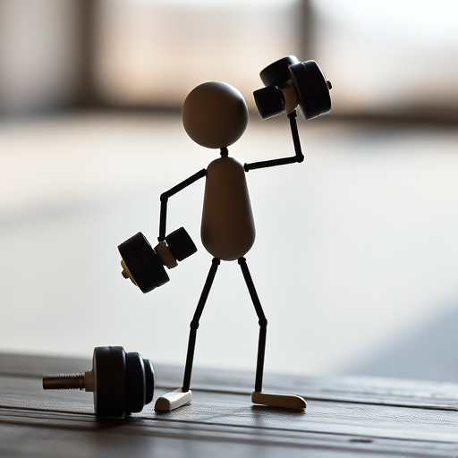 Create an image of a stick figure lifting dumbbells, captured with a Canon EOS R5, using a 50mm f/1.2 lens, natural lighting, at a 45-degree angle for dynamic perspective, high contrast for clear visibility.