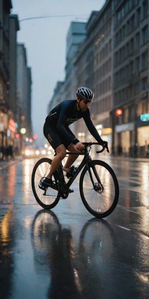 Blurry action shot of a cyclist speeding down a city street at twilight, soft street lights reflecting off wet pavement, with buildings and pedestrians blurred in the background.