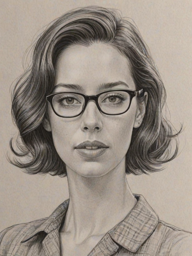 Fetching Rebecca Hall, pencil sketch, portrait of Sublime woman 1956s in glasses, hair style beatnik, outline, clear lines, fine lines, 8k