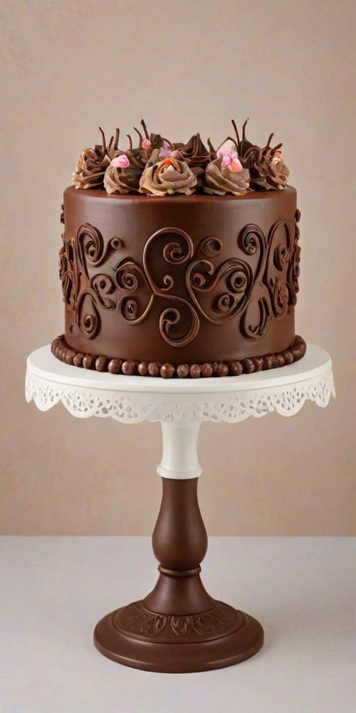 Create an image of a beautifully decorated chocolate cake on a white pedestal. The cake should feature intricate piping designs with swirls and floral patterns in varying shades of brown. Include decorative accents like small edible beads or berries on the cake, with a soft pastel background to enhance the overall elegance.