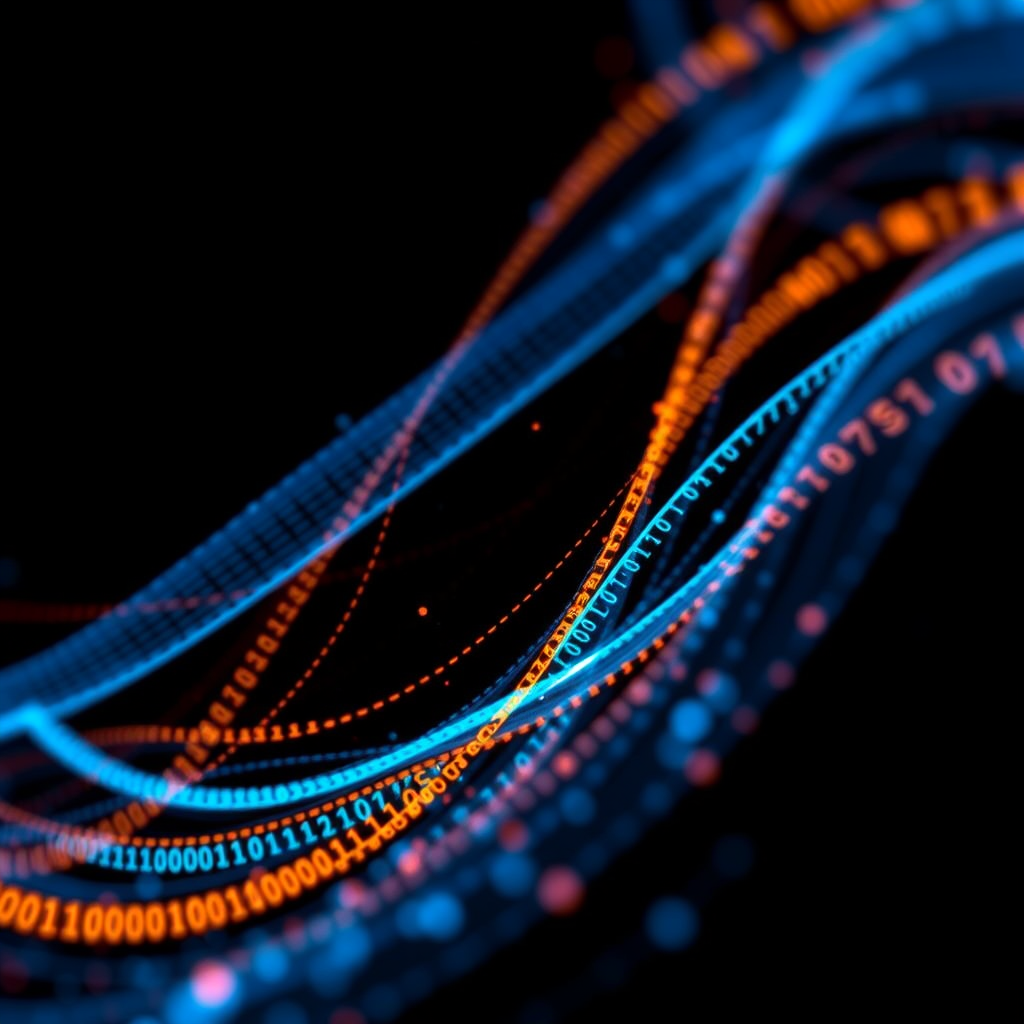 Create an abstract digital art piece featuring swirling streams of binary code in blue and orange against a dark background, shot with a DSLR camera at f/8 aperture, ISO 100, and a 50mm lens for sharp detail and vibrant colors, with a shallow depth of field to enhance the visual focus.