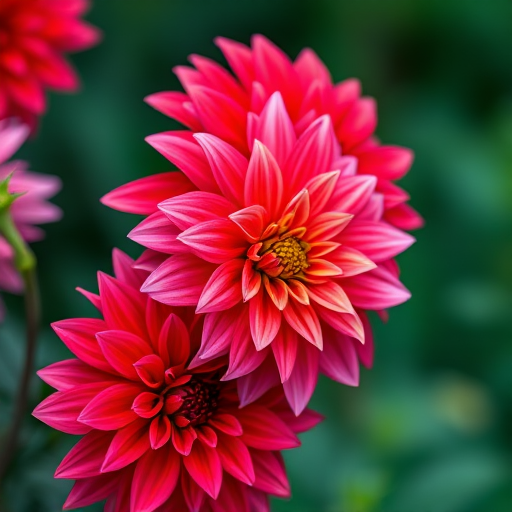 close-up shot of vibrant red and pink dahlias with a blurred background, f/2.8, 1/250s, ISO 100, 50mm lens, DSLR camera, natural light