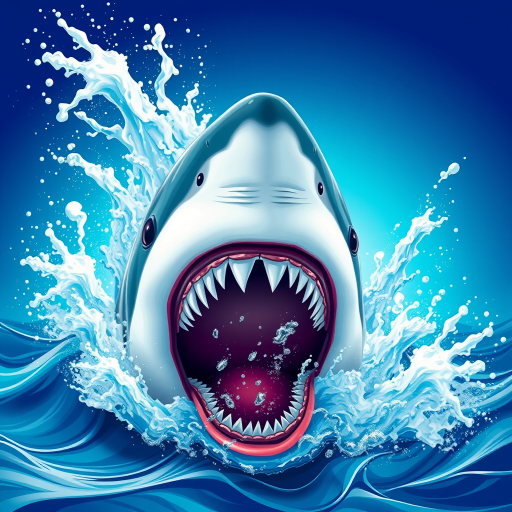 Create a vibrant digital illustration of a shark breaching the surface of the ocean, emphasize dynamic splashes of water with a focus on the shark's open mouth revealing sharp teeth, using a wide-angle lens, f/8 aperture, ISO 100, 24mm focal length, with high saturation and contrast to enhance the colors.