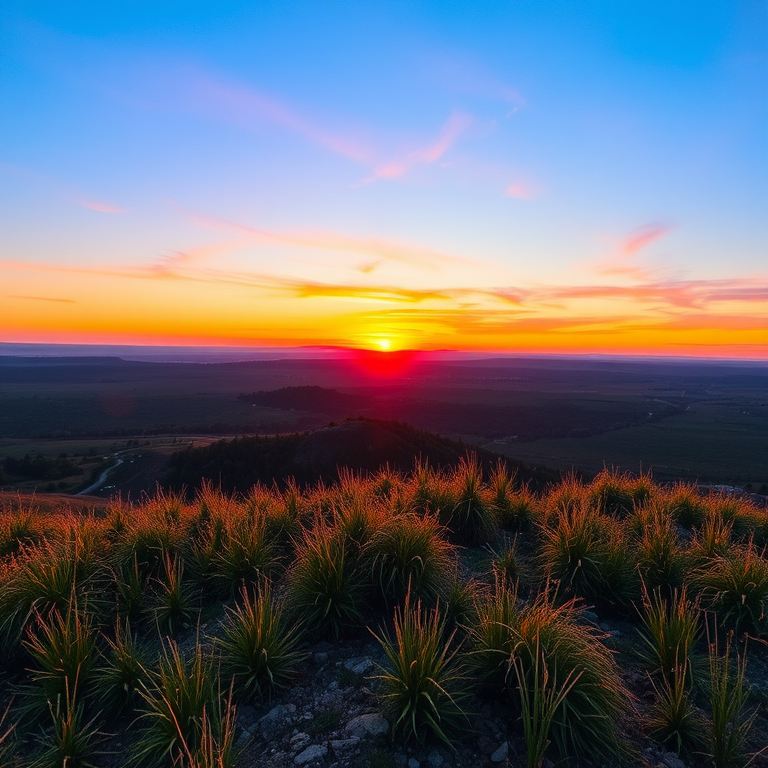 Create a high-resolution image of a serene landscape at sunset with vibrant colors, using a DSLR camera with a 50mm lens, aperture set to f/8, ISO 100, and a shutter speed of 1/250s, capturing a wide-angle view for depth and clarity.