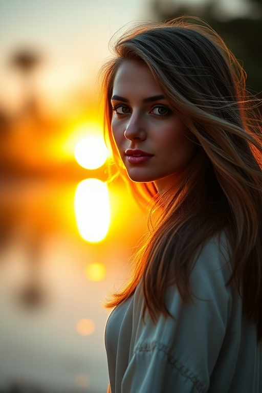 Generate a portrait of a woman with flowing hair standing by a sunlit lake at sunset, soft bokeh in the background, shallow depth of field, 50mm lens, f/1.8 aperture, ISO 100, natural light, shot in RAW format.
