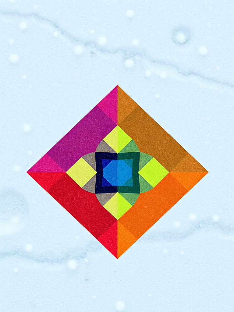 Create an abstract design featuring a colorful triangular pattern made up of squares on a snowy background, high resolution, 50mm lens, f/4 aperture, 1/125s shutter speed, soft focus style, DSLR camera.