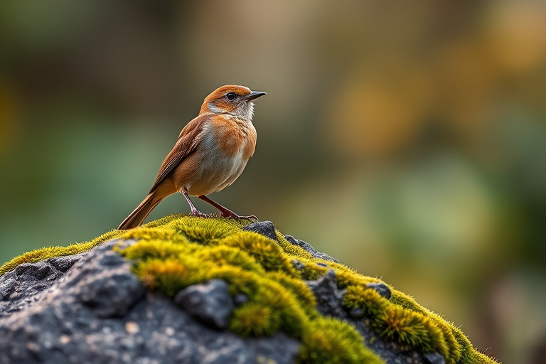 Capture a close-up of a brown bird perched on a moss-covered rock in a soft-focus natural environment, using a Canon EOS R5 camera with a 85mm f/1.4 lens at ISO 100, aperture f/2.8, shutter speed 1/250s, in natural light with a slightly blurred background to emphasize the subject.