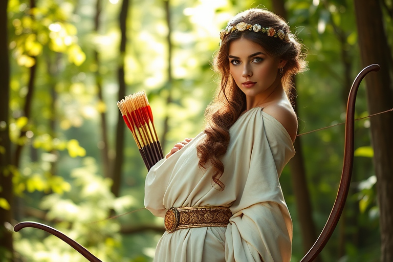 Create a portrait of a goddess-like Afghan girl figure in a tranquil, forested environment. She has an elegant appearance with long, wavy hair styled in an updo and adorned with a delicate, floral headband. She wears a flowing, ancient Greek-inspired gown in a soft, pale color, featuring a one-shoulder design and draped fabric that accentuates her graceful form. The outfit includes a decorative belt with ornate gold detailing, and she holds a bow in her hand, with a quiver of arrows slung over her shoulder. The background depicts lush greenery, with sunlight filtering through the trees, casting a gentle, ethereal light on the scene. Her expression is calm and contemplative, embodying a sense of wisdom and serenity.
