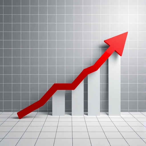 Create an illustration of a growth chart with a red upward arrow on a grid background, using a Canon EOS 5D Mark IV camera with a 50mm lens at f/1.8, ISO 100, and a softbox lighting setup to enhance image quality.