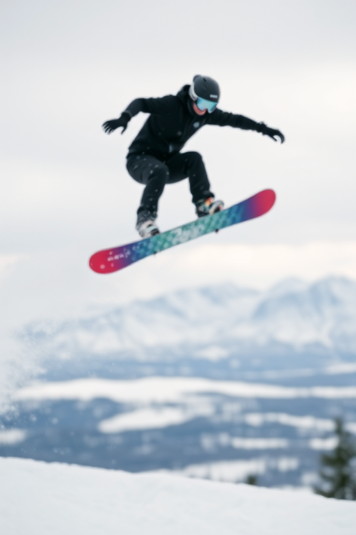 Blurry action shot of a snowboarder performing a trick in mid-air, snow flying from their board, with distant mountains barely visible in the soft light of an overcast winter day.