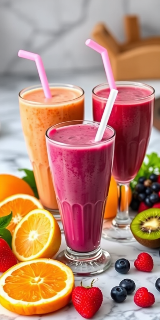 A vibrant arrangement of three colorful smoothie glasses on a marble countertop, surrounded by fresh fruits like oranges, kiwis, and berries, captured with a Canon EOS R5, 50mm lens, f/1.8 aperture, ISO 100, soft natural lighting for enhanced detail and clarity.