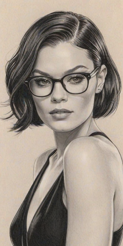 Wonderful Jessie J, pencil sketch, portrait of Stunning woman 1971s in glasses, hair style beatnik, outline, clear lines, fine lines, 8k