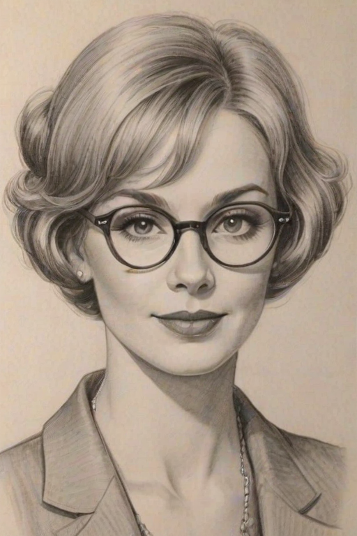 Attractive Julia Duffy, pencil sketch, portrait of Captivating woman 1920s in glasses, hair style beatnik, outline, clear lines, fine lines, 8k
