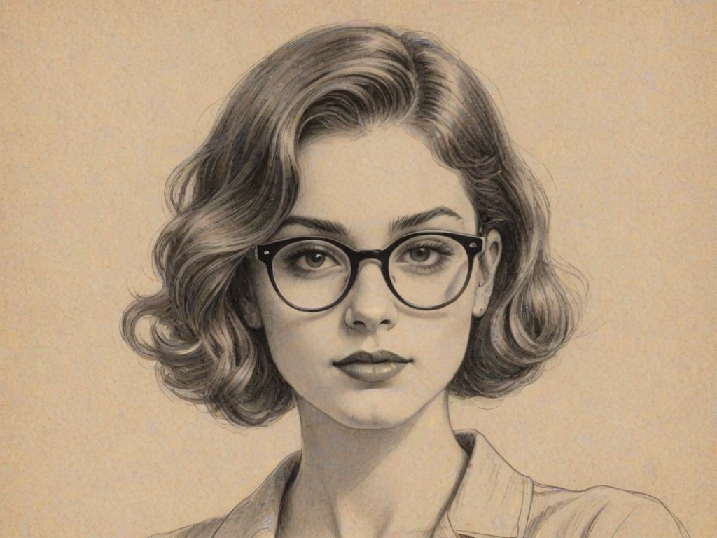 Alluring Charli D'Amelio, pencil sketch, portrait of Lovely woman 1925s in glasses, hair style beatnik, outline, clear lines, fine lines, 8k