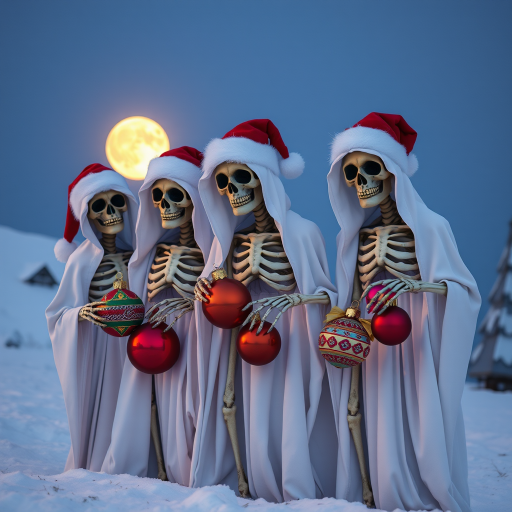 Create an image of three skeletal figures cloaked in white robes wearing Santa hats, holding colorful Christmas ornaments, set in a snowy landscape with a full moon in the background, using a DSLR camera with a 50mm lens, f/1.8 aperture, 1/60 shutter speed, and a low angle view for depth and clarity.