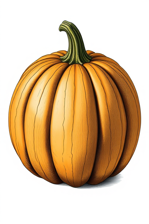 Create a highly detailed illustration of a pumpkin with textured lines and shading, using a Canon EOS R5 camera, 50mm lens, aperture f/2.8, ISO 100, in a studio setting for optimal lighting and clarity.