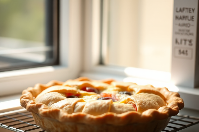 Close-up of a freshly baked pie cooling on a windowsill, soft light streaming in, illuminating the flaky crust and colorful fruit filling.