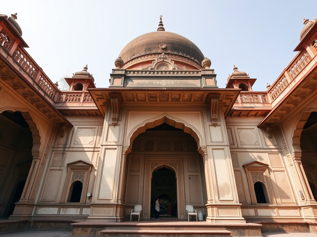 Capture a high-resolution image of a historic Indian mausoleum showcasing intricate architectural details, using a DSLR camera with a 50mm lens, aperture set to f/8, ISO 100, a low-angle shot for perspective, and natural daylight for enhanced clarity.