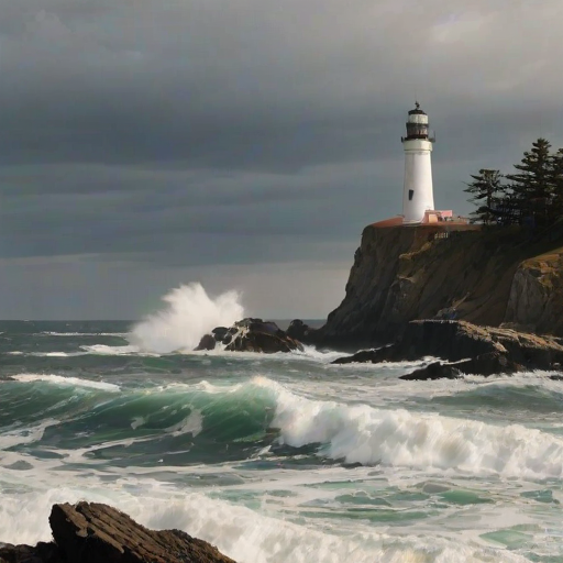 Sharp, detailed image of a lighthouse standing tall on a rocky cliff, waves crashing against the rocks below, soft sunlight filtering through the clouds, distant seagulls flying overhead, the sound of the ocean filling the air.