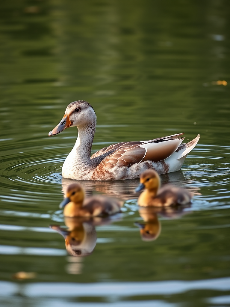 Capture a serene scene of a mother duck with her ducklings swimming in a pond, using a Canon EOS 5D Mark IV at f/4.0, ISO 100, 1/500 sec, with a shallow depth of field to blur the background, shot from a low angle to emphasize the reflections on the water surface.