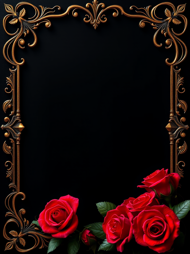 Create an ornate frame featuring vibrant red roses in the bottom left corner against a dark background, captured with a DSLR camera at f/2.8, ISO 100, 50mm lens, using a close-up macro style to enhance detail and color vibrancy.