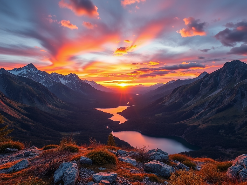 Generate a high-resolution image of a scenic landscape featuring mountains and a lake during sunset, using a DSLR camera with an aperture of f/8, ISO 100, and a shutter speed of 1/125 sec, shot from a wide-angle perspective with vibrant colors and enhanced detail.
