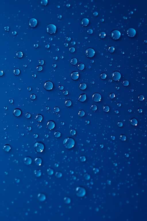 Create an image of blue water droplets on a dark blue background with high resolution, using a DSLR camera with a 50mm lens, f/1.8 aperture, ISO 200, with a shallow depth of field and natural lighting to enhance the clarity and texture of the droplets.