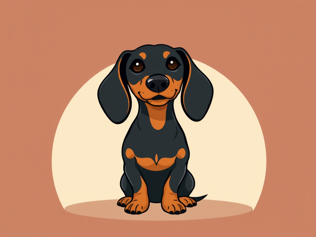 Create a stylized illustration of a sitting dachshund with a simple background, using high-resolution vector graphics, with soft color palettes and clean lines, captured with a DSLR camera at f/2.8 aperture, ISO 100, 50mm lens, natural lighting for a warm, inviting atmosphere.