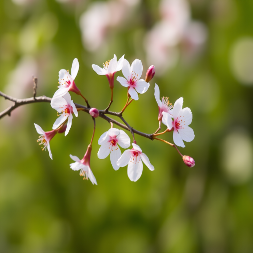 Flowering cherry blossoms on a slender branch against a blurred green background, captured with a DSLR camera using a 50mm lens, aperture f/2.8, shutter speed 1/500s, ISO 100, in natural light.