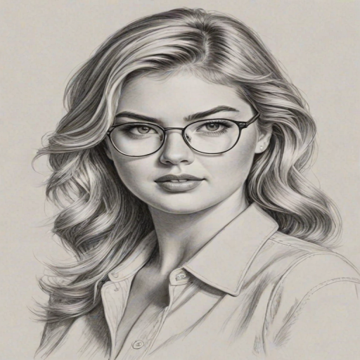 Attractive Kate Upton, pencil sketch, portrait of Lovely woman 1942s in glasses, hair style beatnik, outline, clear lines, fine lines, 8k
