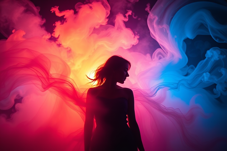Create an ethereal scene featuring a silhouette of a woman surrounded by vibrant, swirling colors in shades of blue, orange, and pink, with a warm light source in the background, captured with a DSLR camera, aperture f/2.8, shutter speed 1/60s, ISO 100, using a wide-angle lens for an immersive perspective.