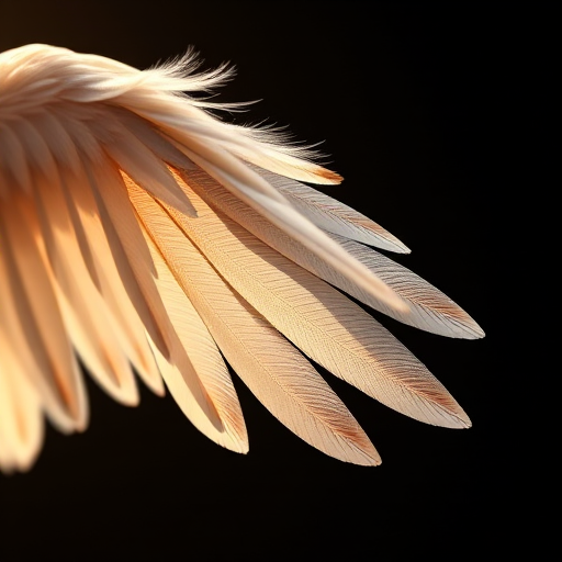 create an illustration of a single feathered wing with intricate details, soft shadows and highlights, captured with a 50mm lens at f/2.8 aperture, ISO 100, using a DSLR camera, taken from a slight angle for dimensionality and depth