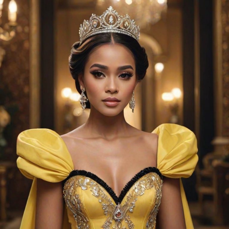 A gorgeous Zambo woman in a luxurious Yellow gown, accessorized with a dazzling tiara and statement earrings, her deep black eyes highlighted by impeccable makeup, poised in a royal setting, photorealistic, 8K quality