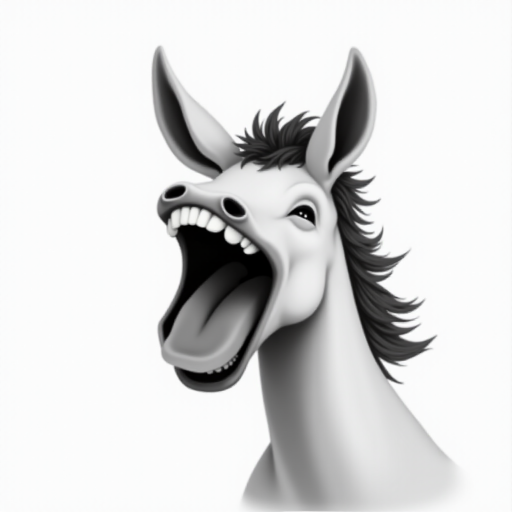 Abstract black and white acrylic portrait of an over exaggerated laughing (horse). Minimalism style. White background.