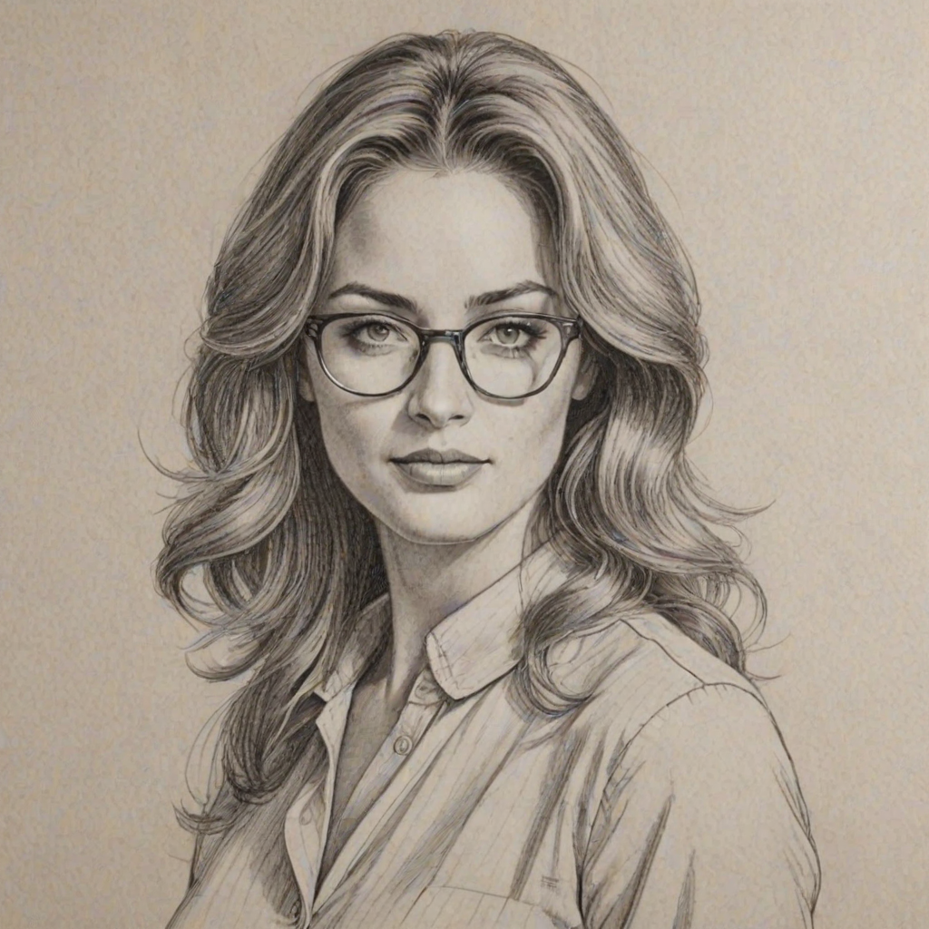 Alluring Justin Hartley, pencil sketch, portrait of Splendid woman 1970s in glasses, hair style beatnik, outline, clear lines, fine lines, 8k