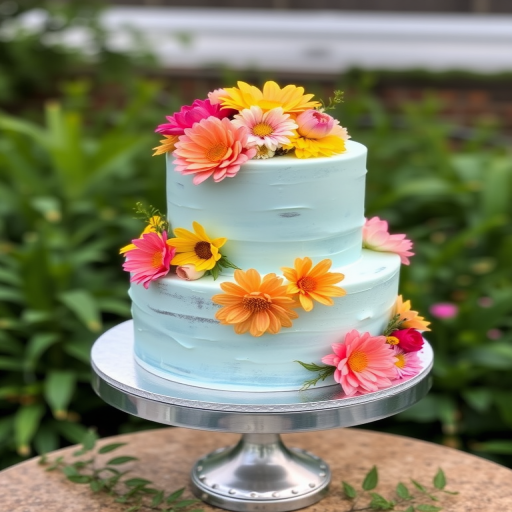 A two-tiered cake with a light blue frosting decorated with colorful edible flowers in shades of pink yellow and orange placed on a silver cake stand outdoors surrounded by greenery