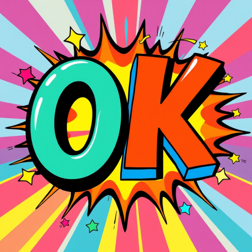 Create a vibrant pop-art style illustration of the word "OK" in bold, comic-style lettering surrounded by colorful starbursts and accents, captured with a DSLR camera at f/2.8, ISO 100, 24mm lens, in bright natural light for enhanced color saturation and clarity.