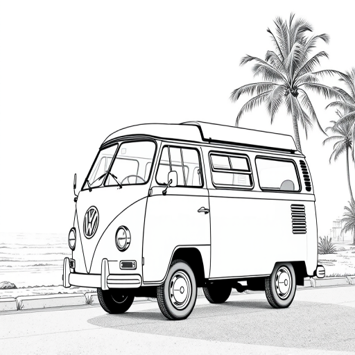 Create a high-resolution line drawing of a vintage van parked by the beach with palm trees in the background, shot with a Canon EOS R5, 24mm lens, f/8 aperture, ISO 100, using a wide-angle view and soft natural lighting.