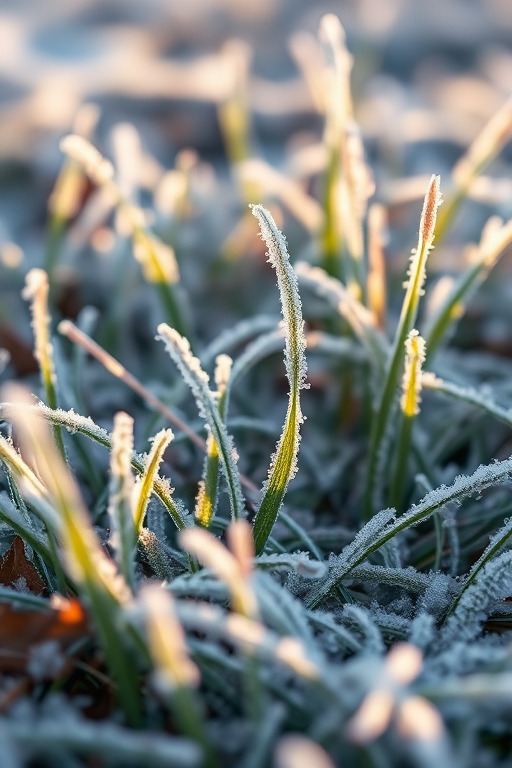 Capture a close-up of frost-covered grass in a winter landscape, use a DSLR camera with a 50mm lens, aperture set to f/2.8 for shallow depth of field, ISO 100 for clarity, and natural light for enhanced detail and color.