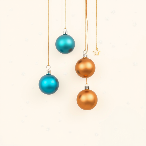 Create a high-resolution digital illustration of a light cream background with softly falling snowflakes, featuring colorful hanging Christmas ornaments in shades of blue and brown, using a Canon EOS R5 with a 50mm f/1.2 lens at ISO 100, aperture f/8, and shutter speed 1/200s, captured in a flat lay style for an enhanced clean look.