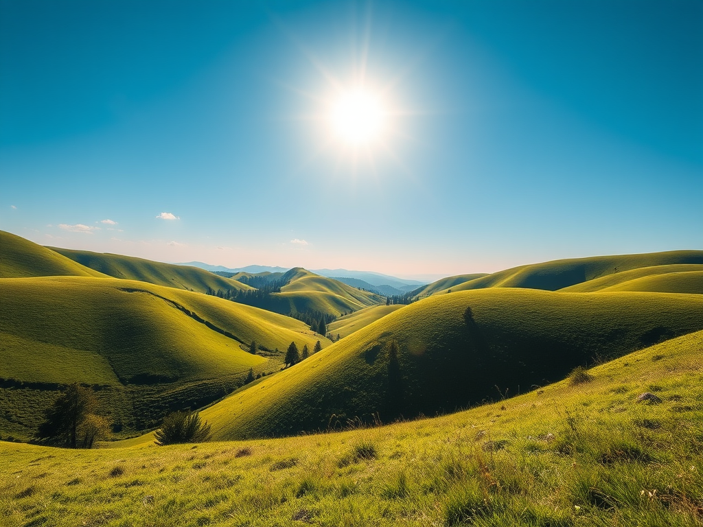 Create a high-resolution image of a serene landscape featuring lush green hills under a bright blue sky, captured with a DSLR camera at f/8 aperture, ISO 100, 50mm lens, and a 1/200 second shutter speed from a low angle perspective.