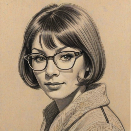Superb Michele Lee, pencil sketch, portrait of Radiant woman 1932s in glasses, hair style beatnik, outline, clear lines, fine lines, 8k